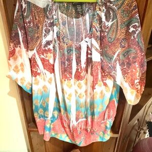 Lane Bryant Multicolor Paisley & Floral Blouse - Turquoise, Coral, Gold